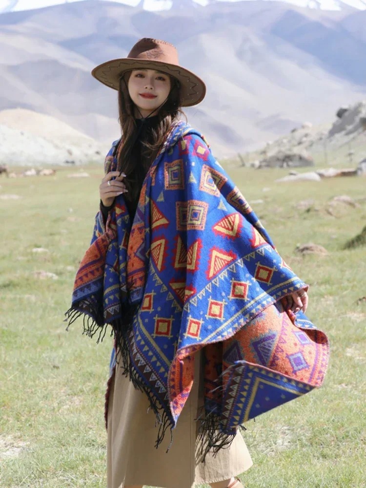 Poncho bleu femme