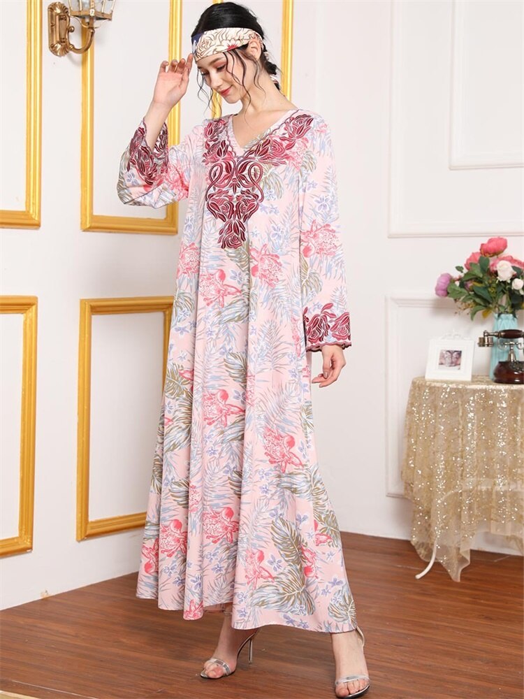 Abaya-robe-longue-brod-e-pour-femme-v-tement-ethnique-arabe-rose-col-en-V-manches