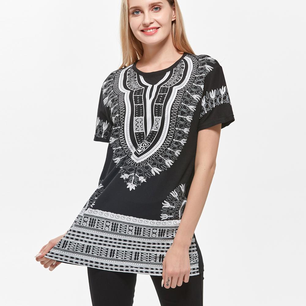Dashiki-longue-robe-africaine-pour-femmes-en-coton-grande-taille-T-shirt-imprim-manches-courtes-noir