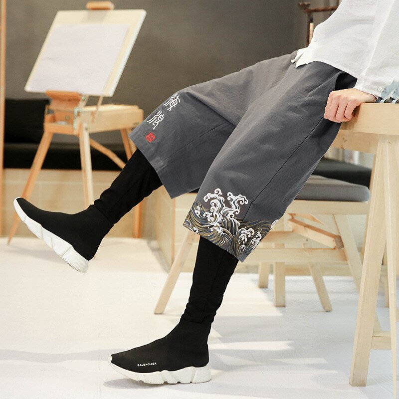 Japonais-d-contract-mode-Style-hommes-pantalon-vague-broderie-faux-deux-pi-ces-t-f-te