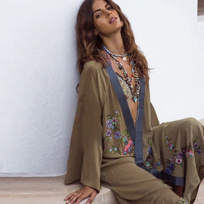 Cardigan long boho vert kaki