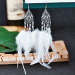 Boho-t-bleu-longues-plumes-boucles-d-oreilles-pour-femmes-Vintage-argent-couleur-fleur-perles-gland