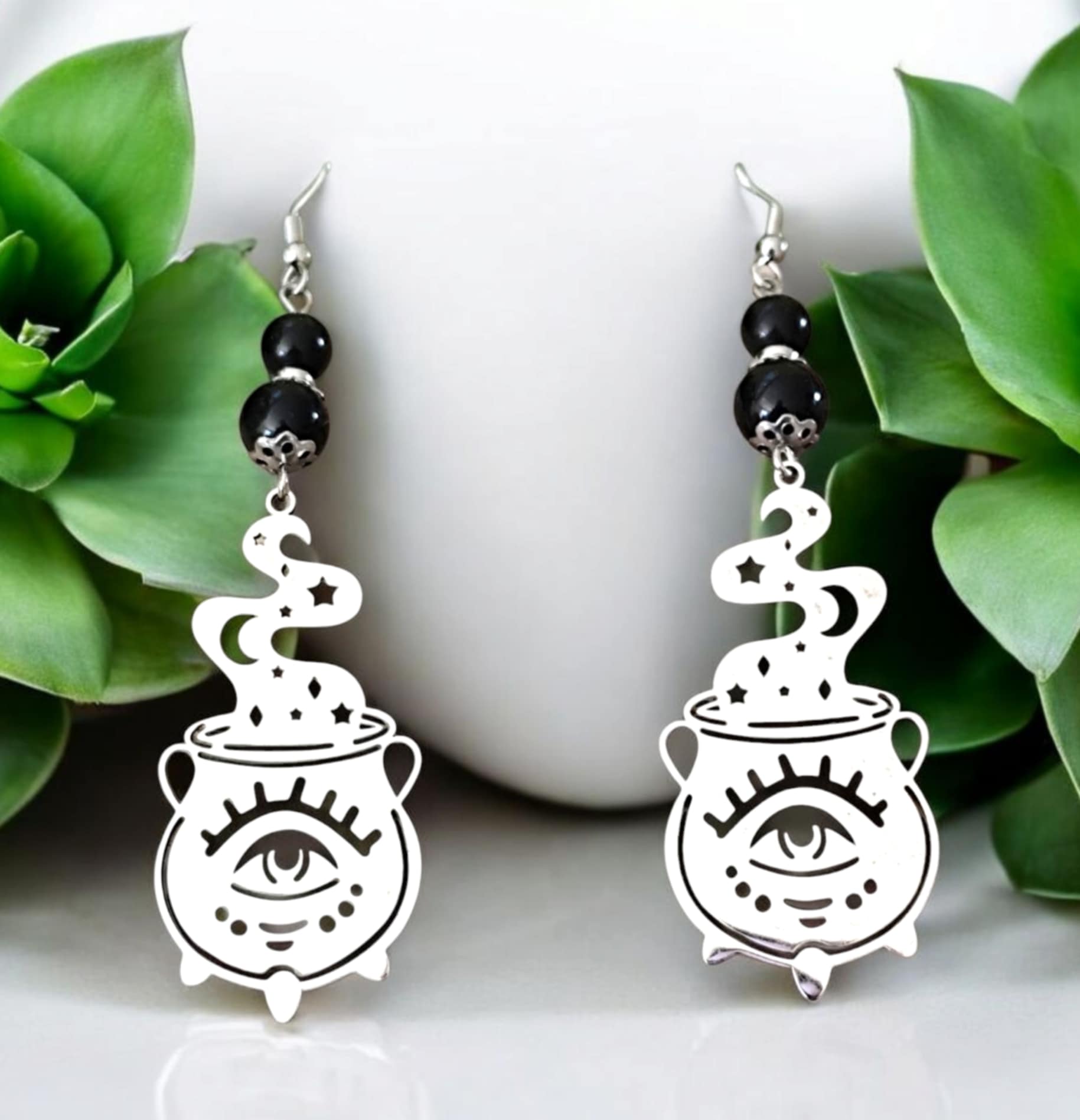 Boucles dOreilles Alchimie | Chaudron et Pierre Naturelle