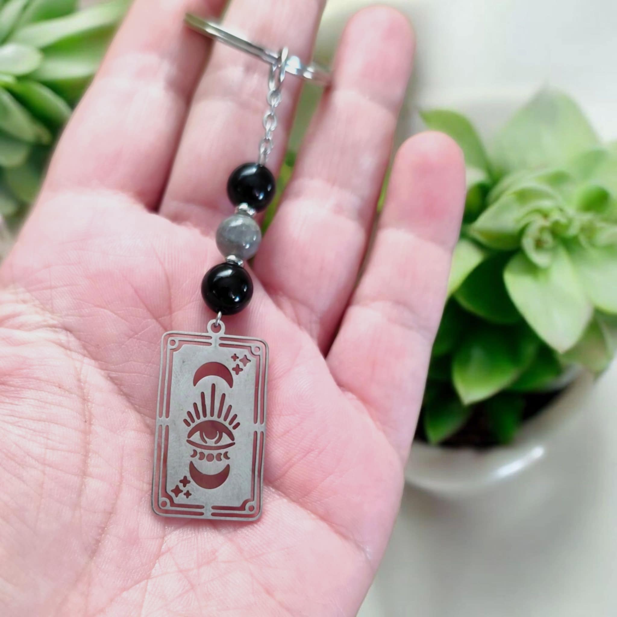 Porte-clés ésotérique Clairvoyance avec œil, lunes et pierres naturelles
