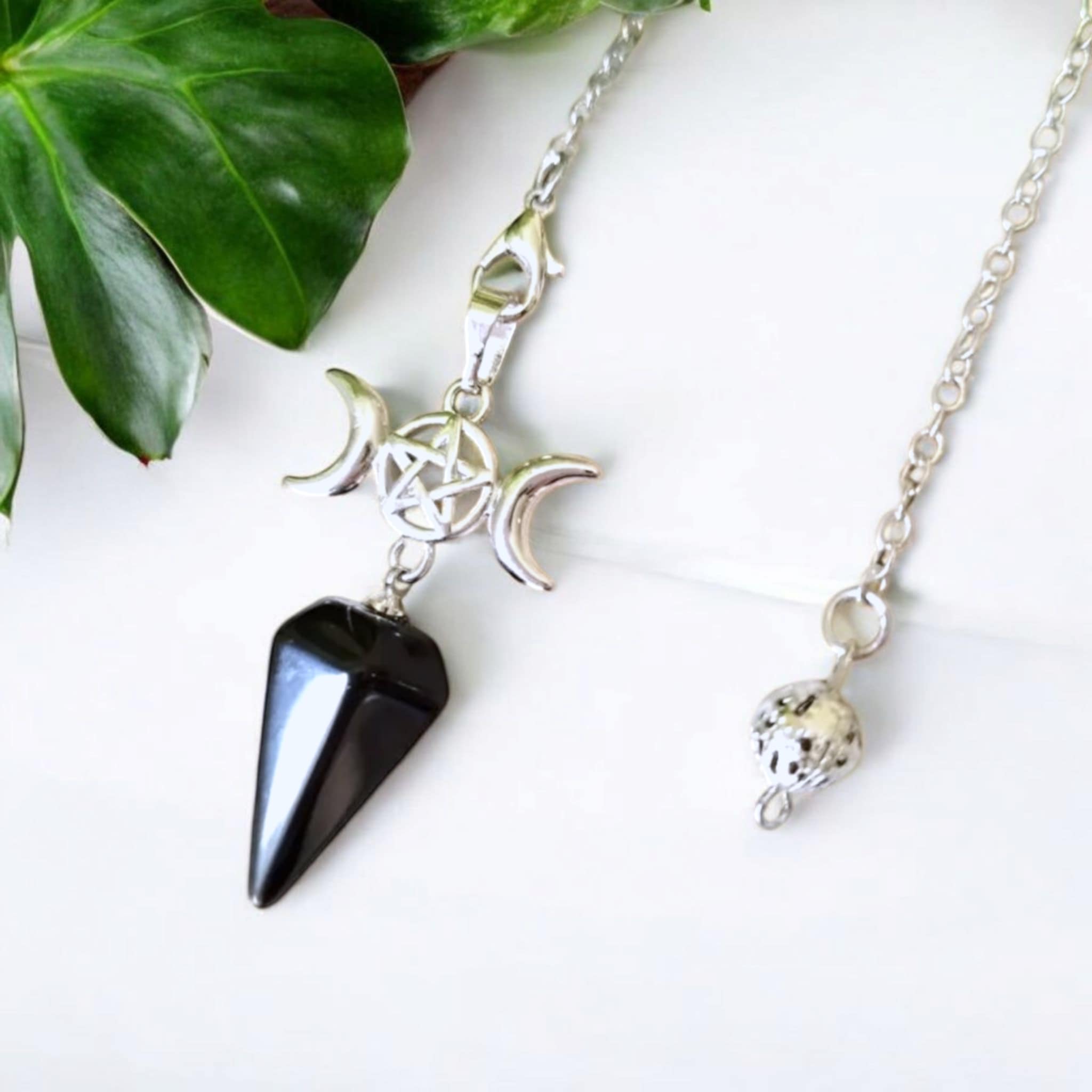 Pendule Triple Lune et pentacle en Obsidienne noire naturelle