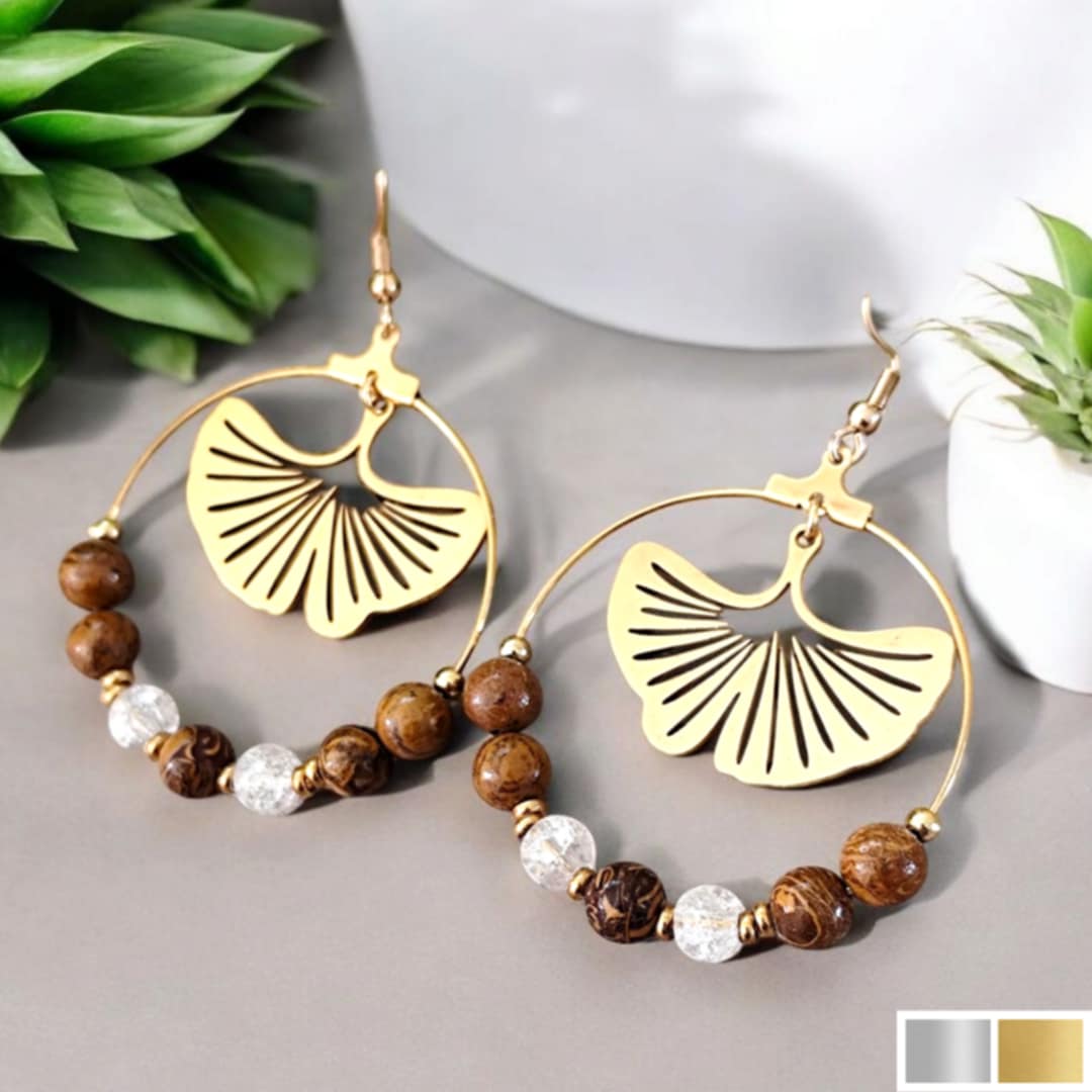 Boucles doreilles Vivace – Ginkgo et pierre naturelle