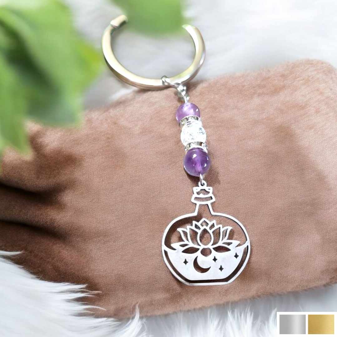 Porte-clés lotus Quintessence avec lune et pierre naturelle