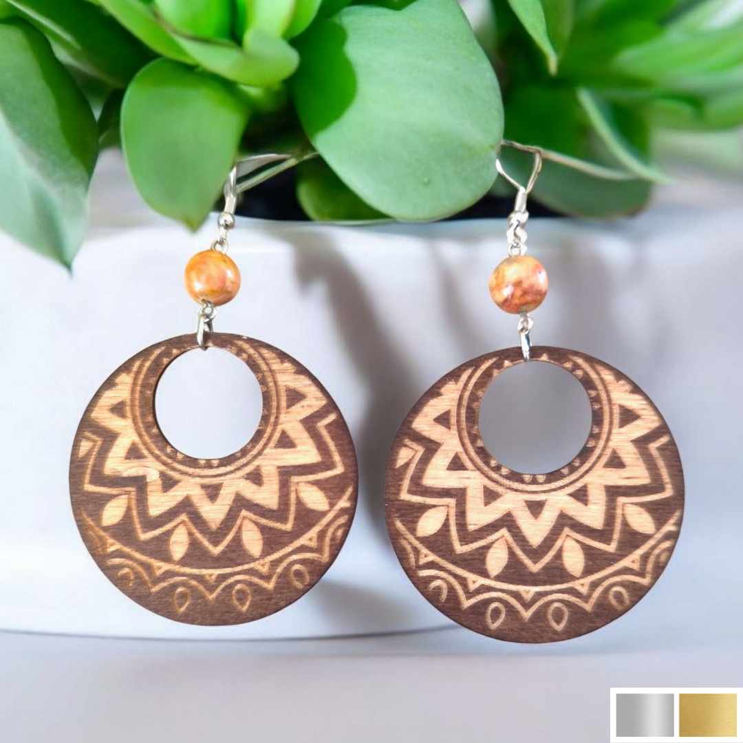 Boucles doreilles Rémanence – Motif solaire et pierre naturelle