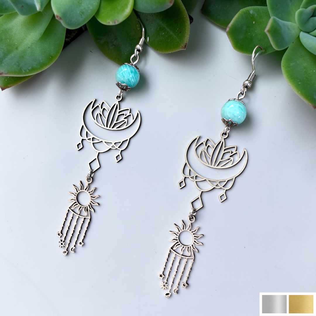 Boucles doreilles Syntonie – Lotus et pierre naturelle
