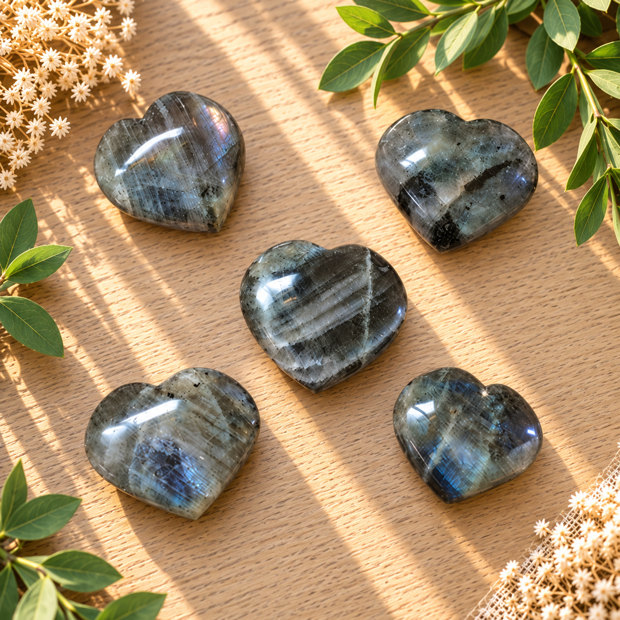 Petits cœurs en Labradorite naturelle grise aux reflets bleutés – 8 à 9 g