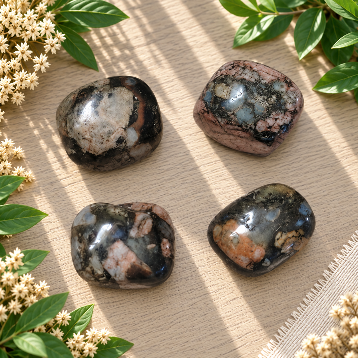 Pierre roulée de Llanite sombre aux inclusions beige, brunes, grises et bleu-gris – 11 à 14 g