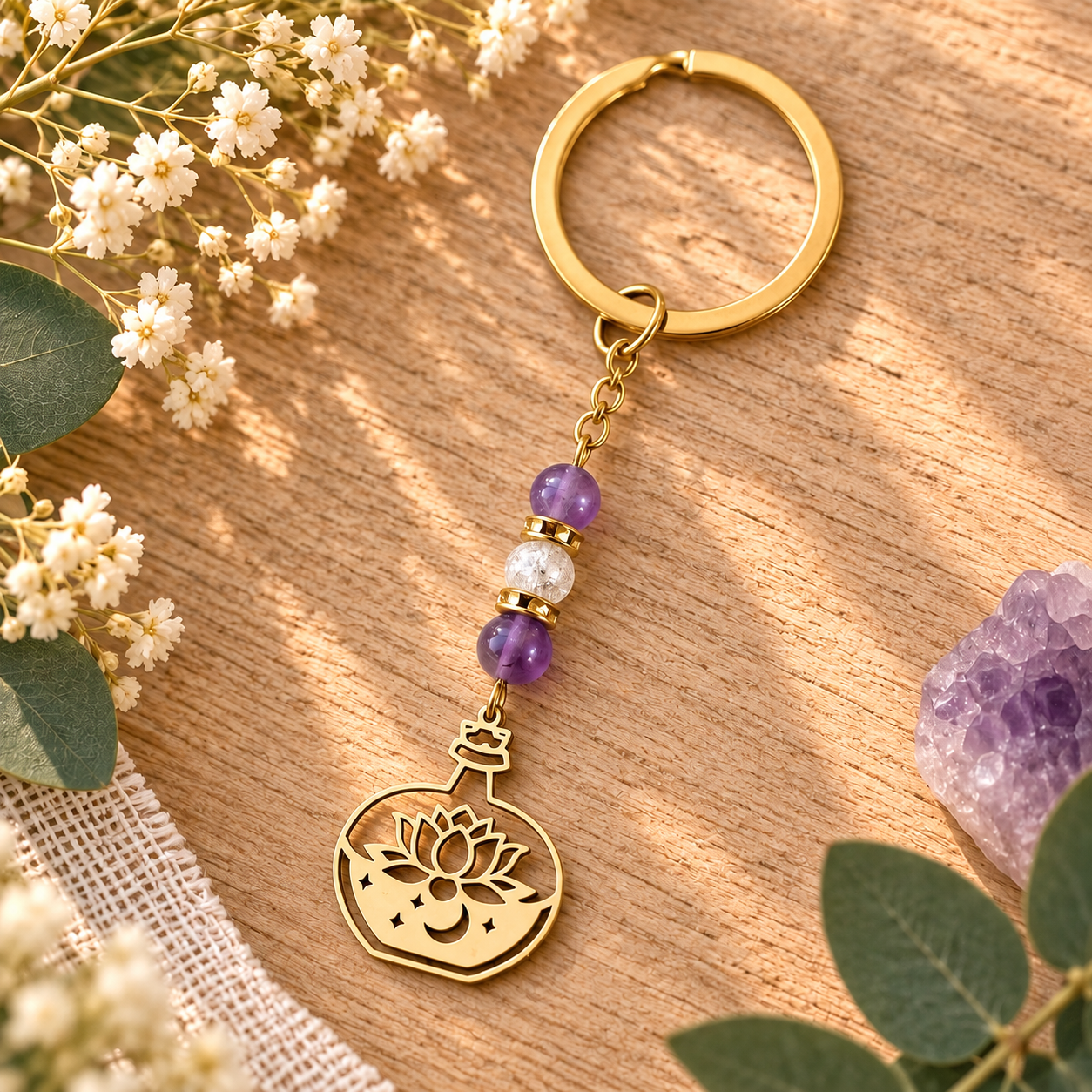 Porte-clés doré lotus Quintessence avec lune et pierre naturelle