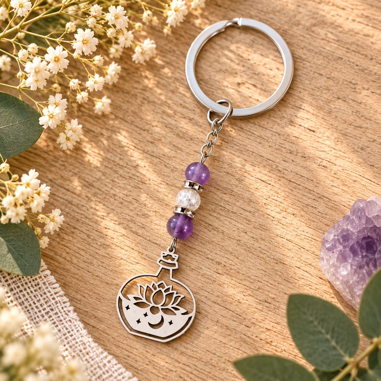 Porte-clés lotus Quintessence avec lune et pierre naturelle