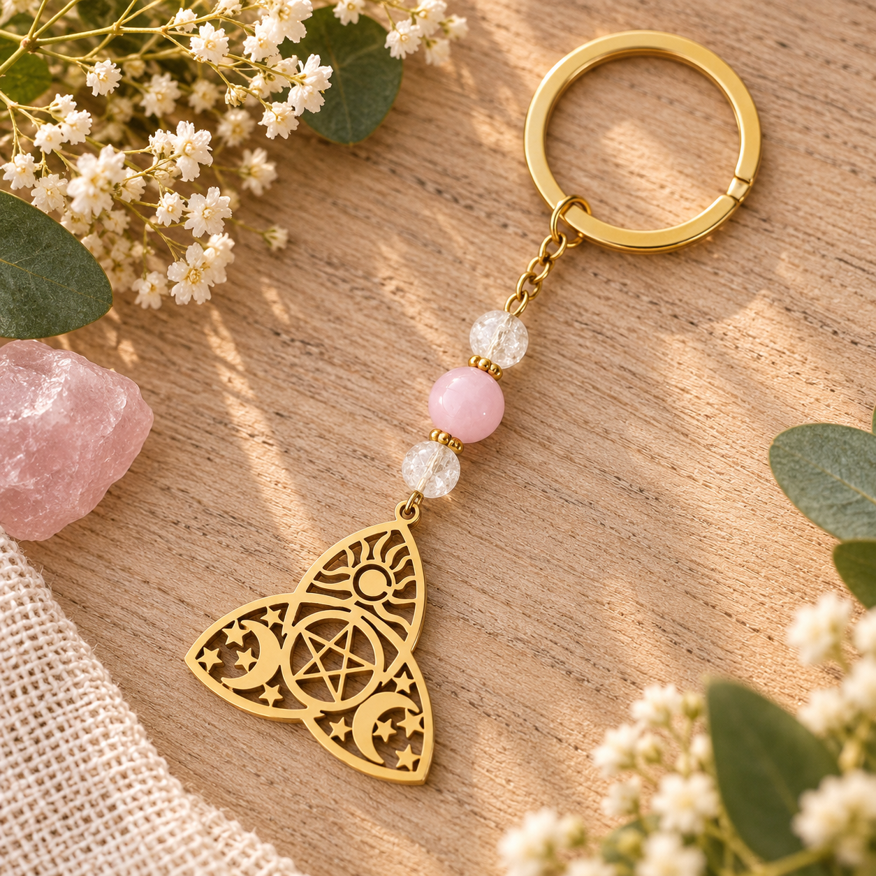 Arel porte-clés triquetra avec pentacle, soleil, lunes et pierres naturelles