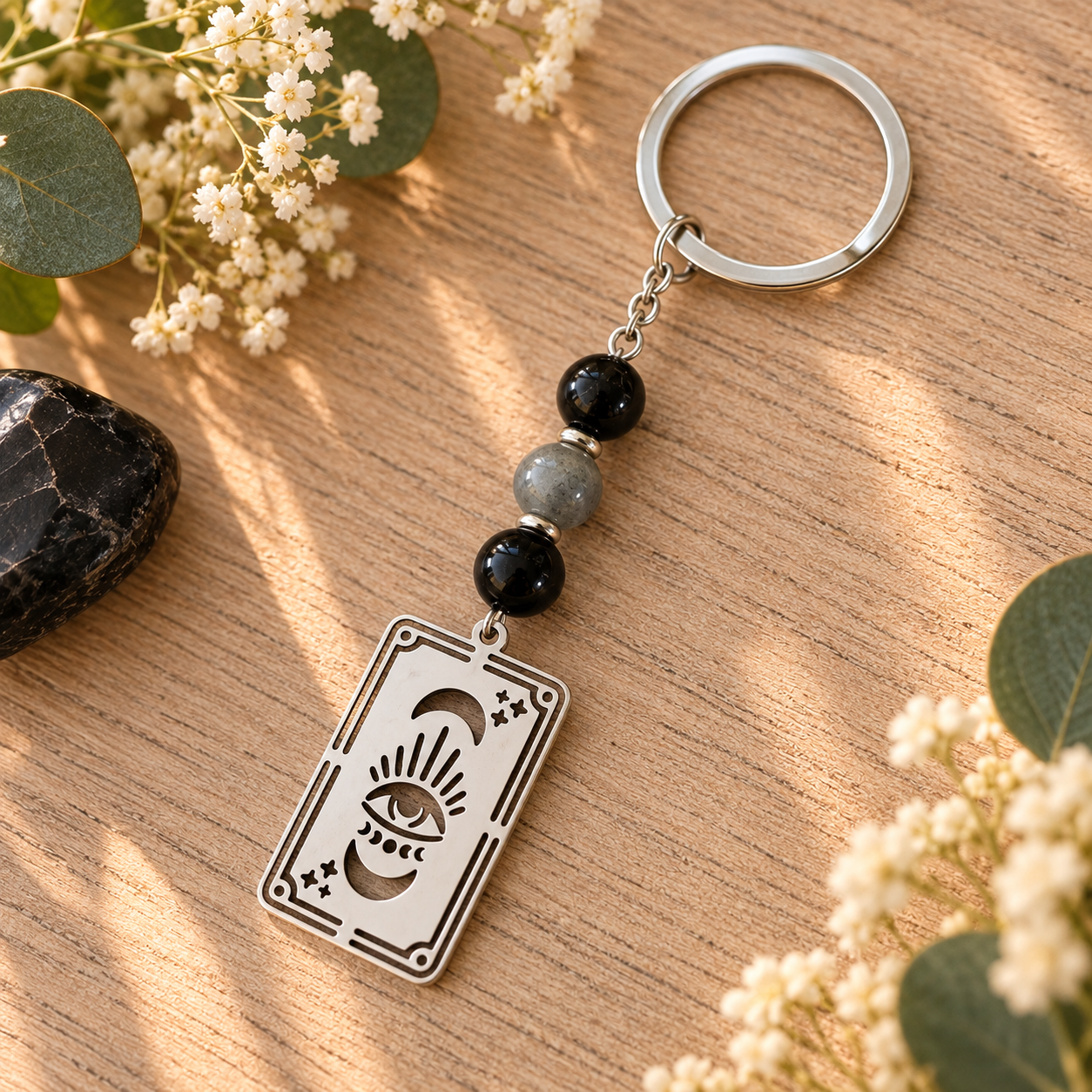 Porte-clés ésotérique Clairvoyance avec œil, lunes et pierres naturelles