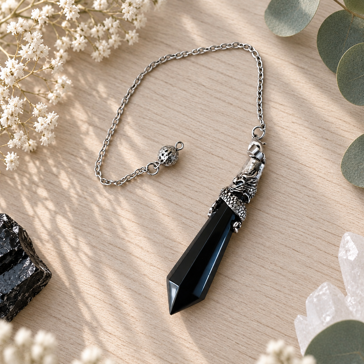 Pendule Dragon en Obsidienne noire naturelle