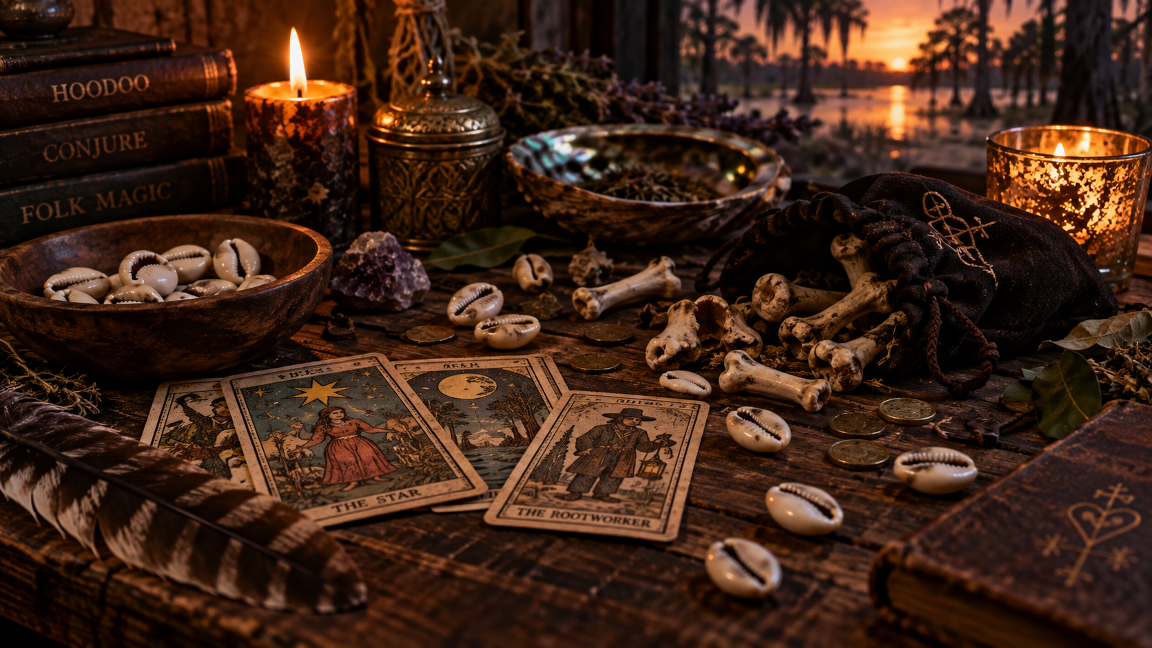 Cartes, os et cauris utilisés pour la divination dans le Hoodoo louisianais