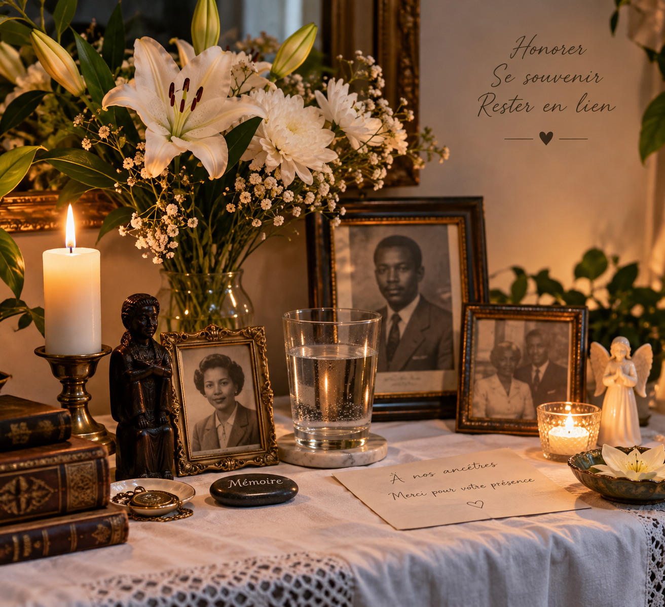 Autel aux ancêtres dans le Hoodoo avec photographies, fleurs blanches, bougie et verre d’eau