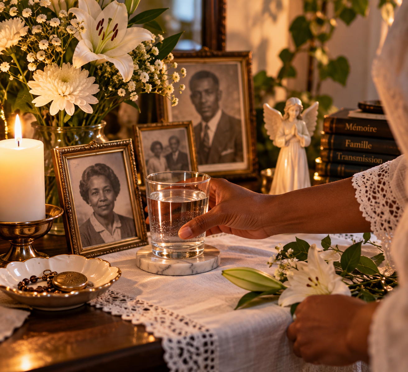 Entretien d’un autel aux ancêtres avec verre d’eau, fleurs blanches, bougie et photographies