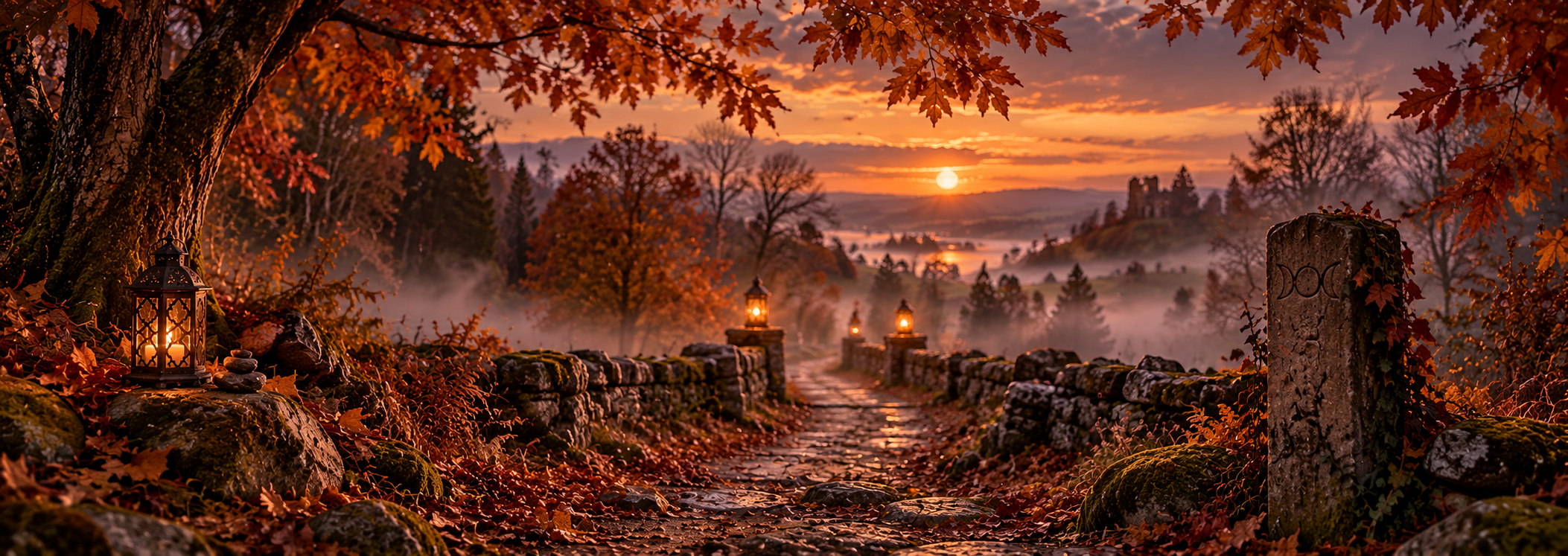 Paysage automnal de Samhain au crépuscule, entre brume, lanternes et saison sombre