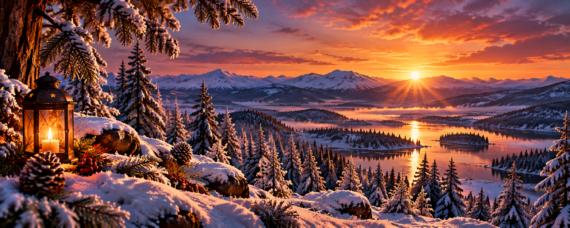 Paysage hivernal de Yule au lever du soleil, symbole du retour de la lumière