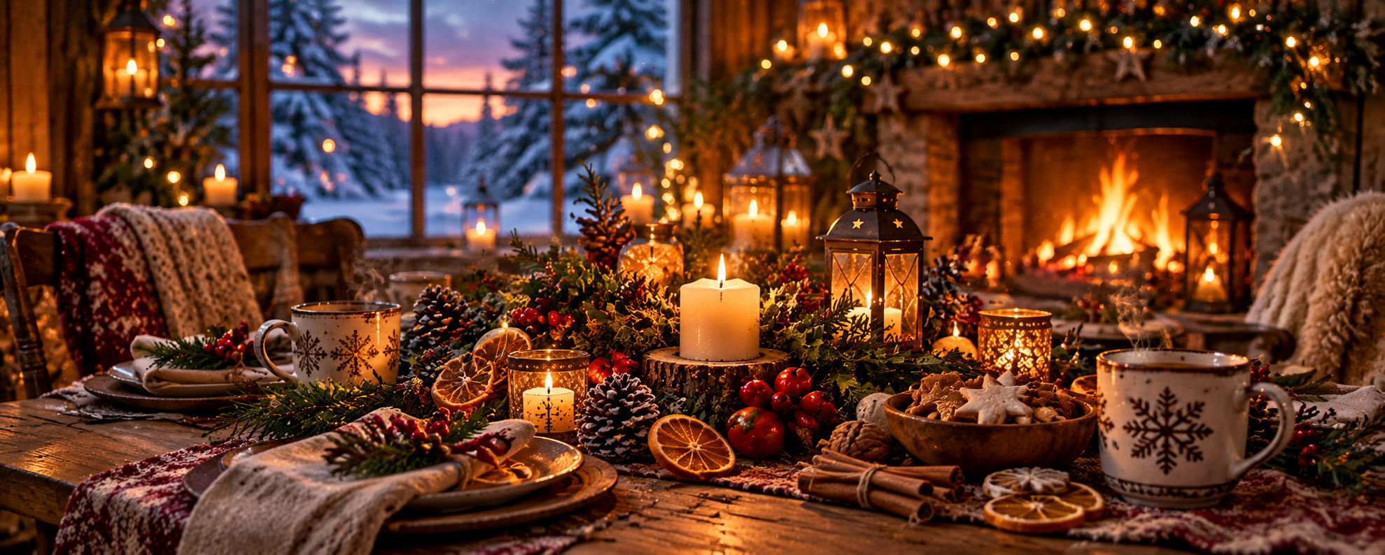 Célébration de Yule autour d’une table chaleureuse, entre bougies, feu et décorations hivernales