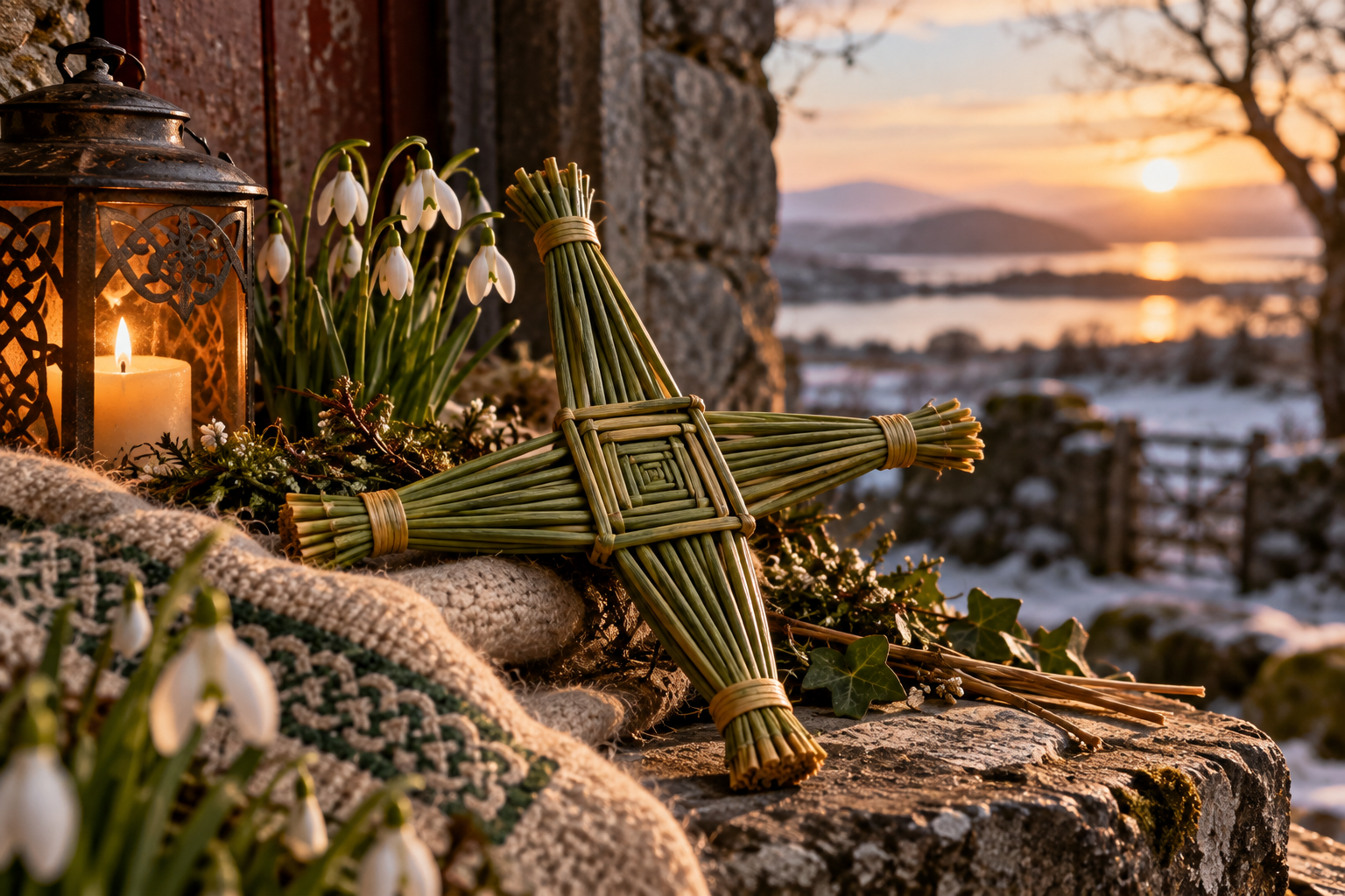 Croix de Brigid en joncs entourée de perce-neige et de lumière à Imbolc