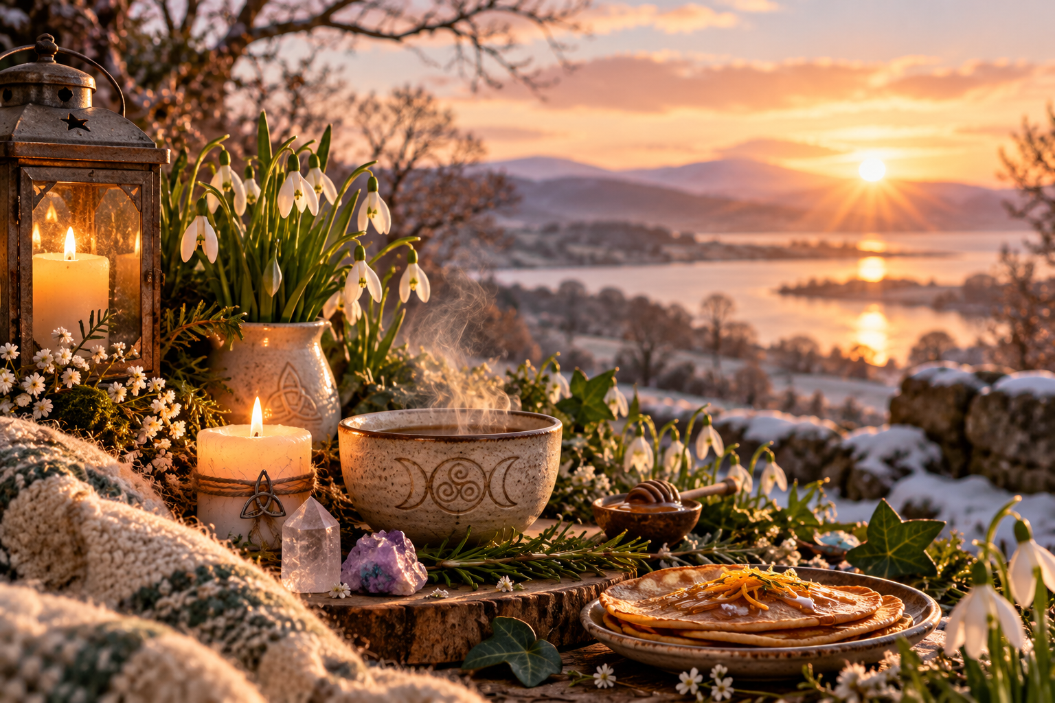 Célébration d’Imbolc entre perce-neige, bougies, crêpes et lumière hivernale