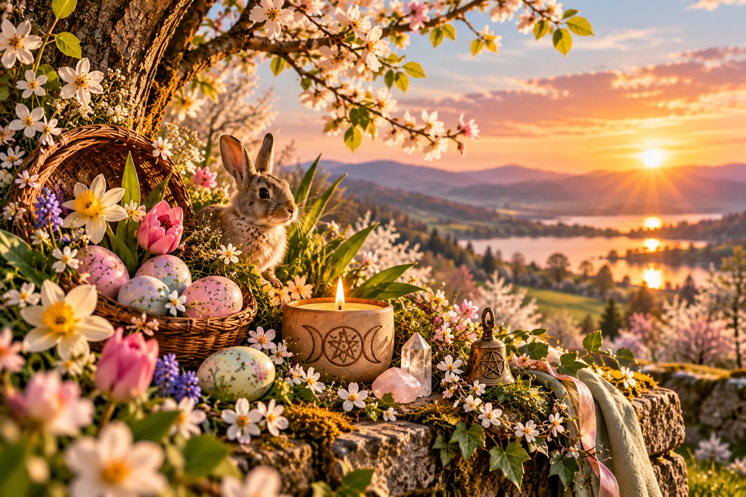 Célébration d’Ostara au printemps avec fleurs, œufs, lapin et lumière de l’équinoxe