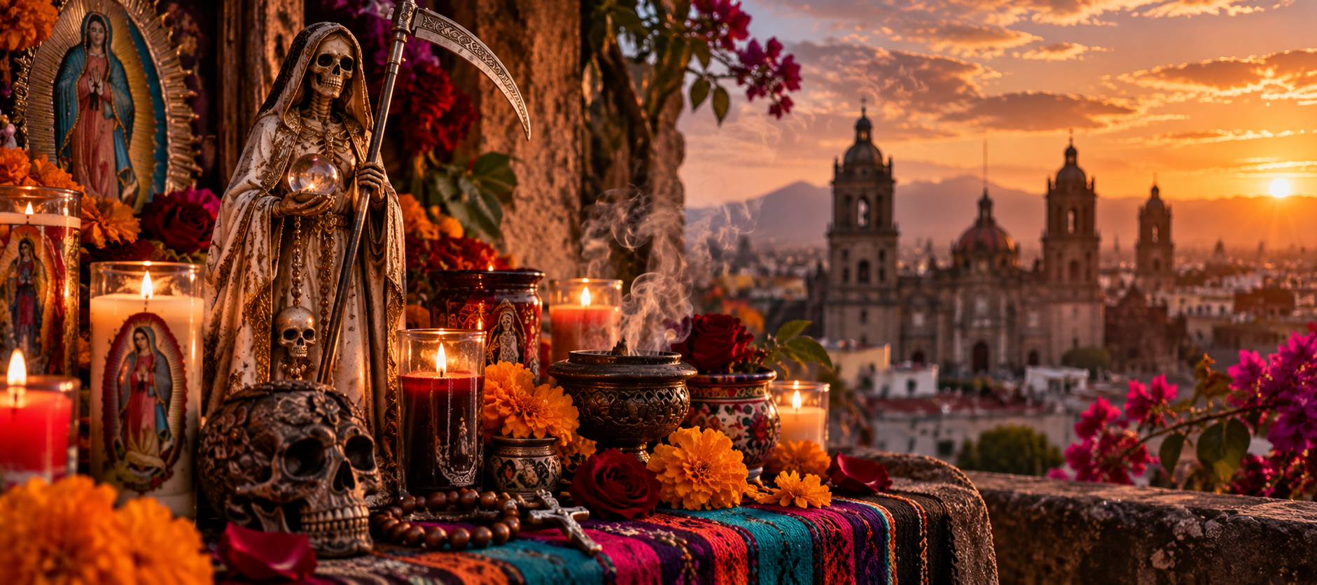 Autel dédié à la Santa Muerte avec bougies, fleurs et offrandes au Mexique