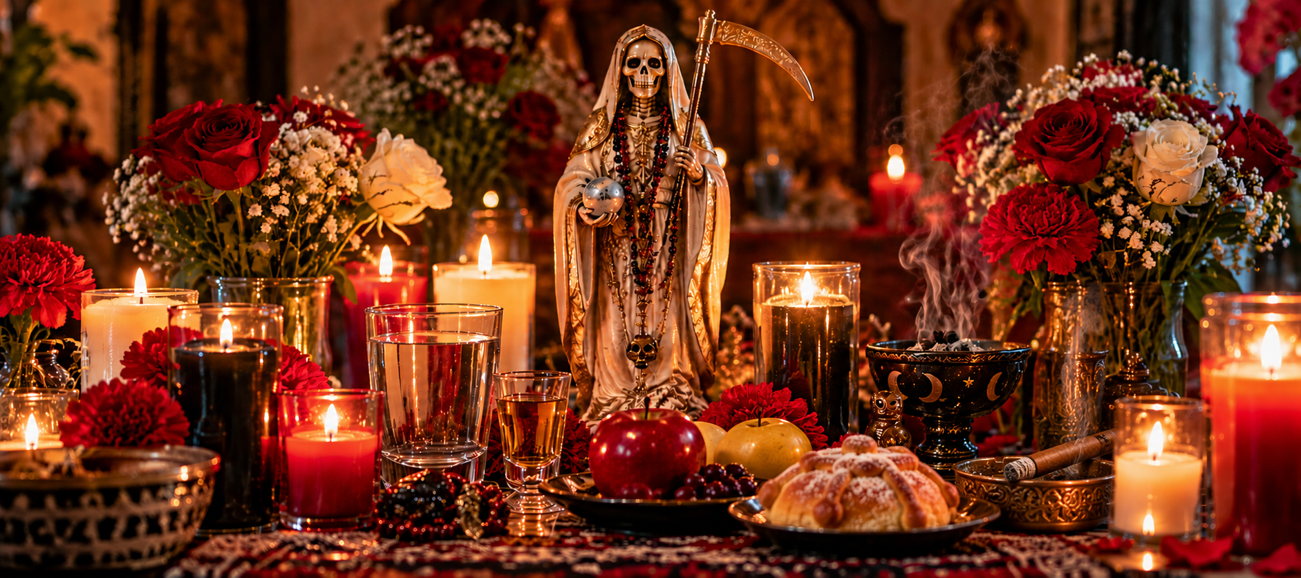 Autel de la Santa Muerte avec bougies, fleurs, nourriture et offrandes
