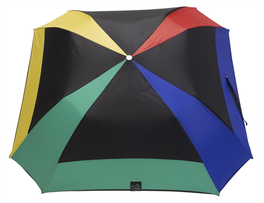Parapluie pliant carré noir et multicolore poignée en chêne