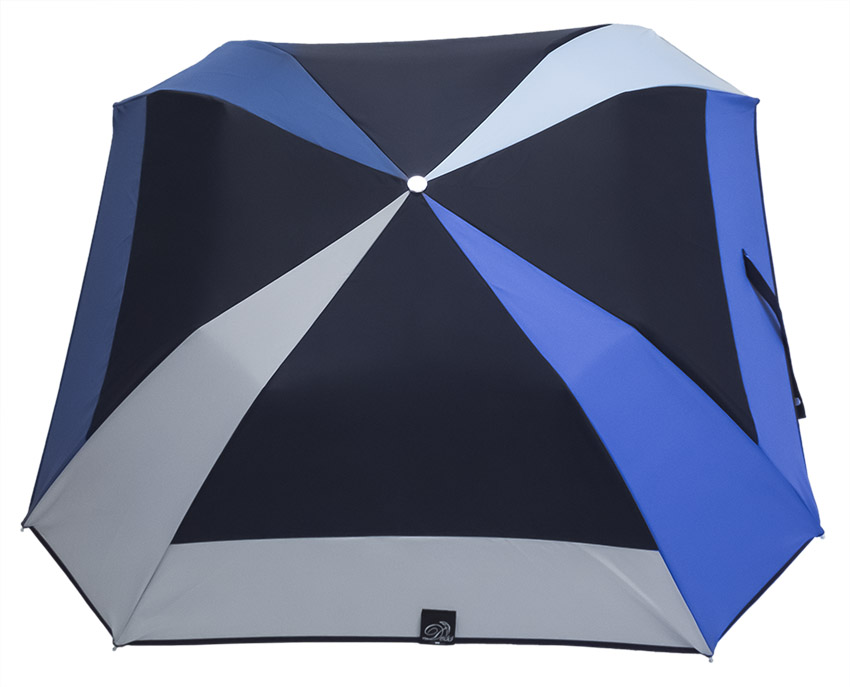 Parapluie pliant carré camaïeu de bleu poignée en chêne