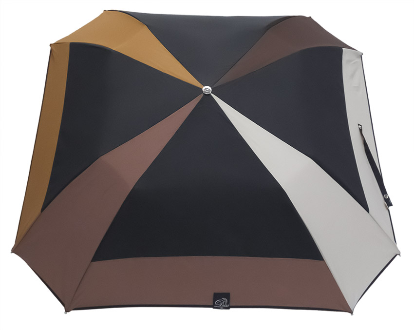 Parapluie pliant carré noir et camaïeu chocolat poignée en chêne