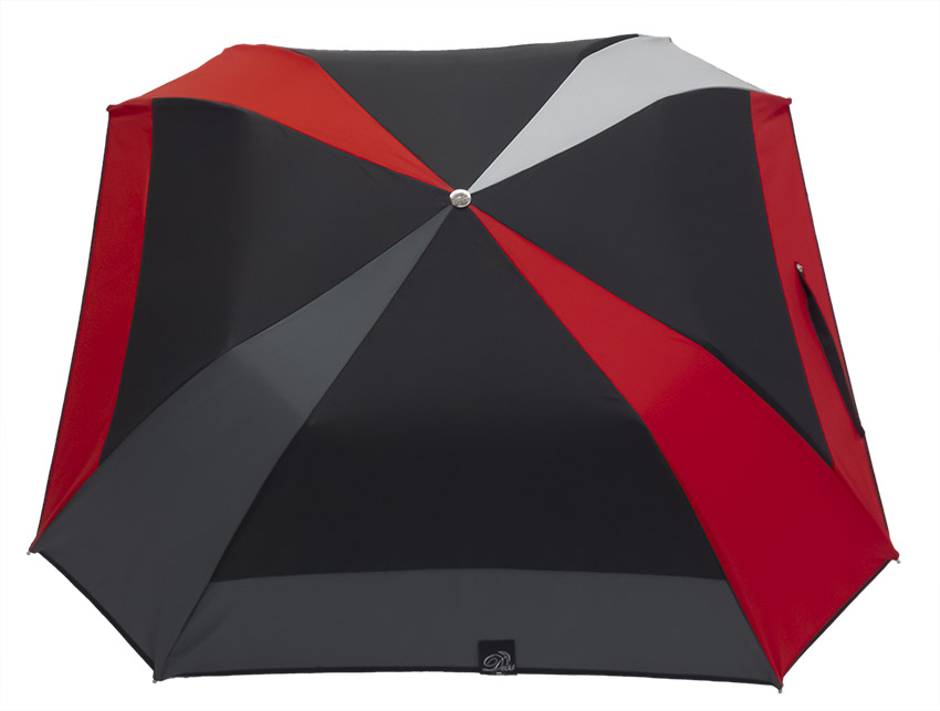 Parapluie pliant carré rouge gris et noir poignée en chêne