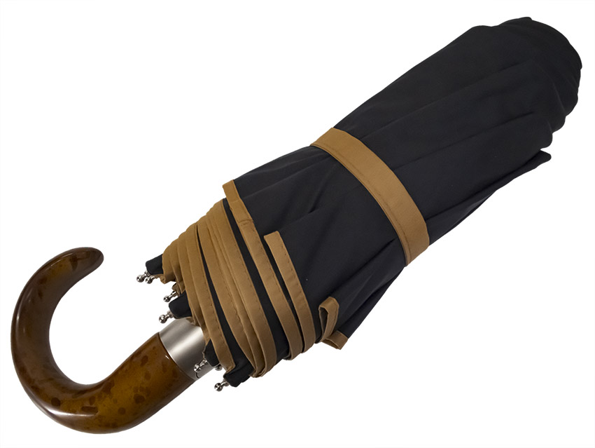 Parapluie mini pliant en 3 noir biais camel poignée courbe ambrée