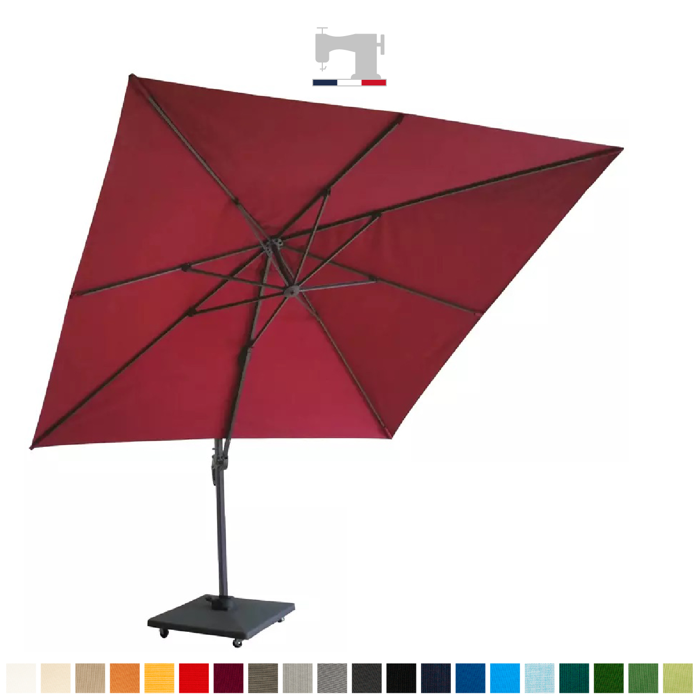 Parasol excentré carré 3x3, à votre couleur ! + sa housse Dess