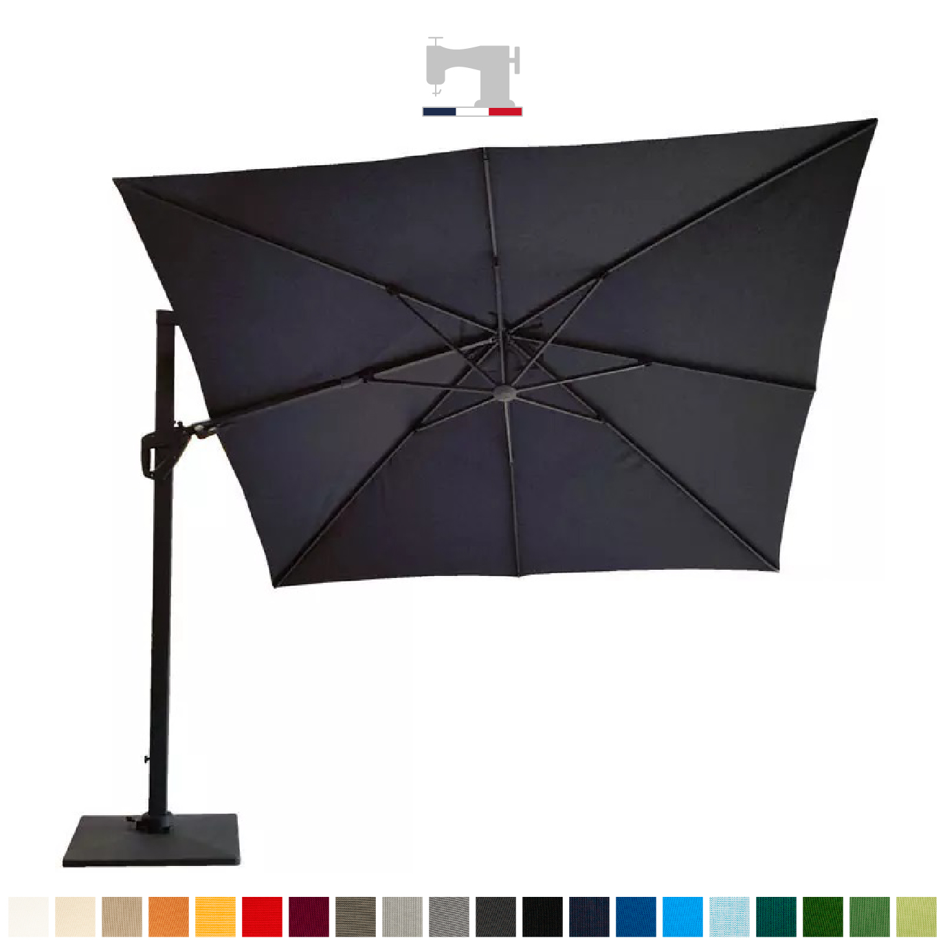 Kit : parasol excentré carré 3x3 orientable à votre couleur + sa housse Dess + pied 90kg roulettes