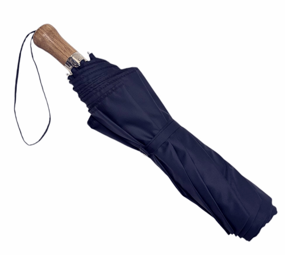 Parapluie pliant automatique bleu marine taille moyenne poignée droite
