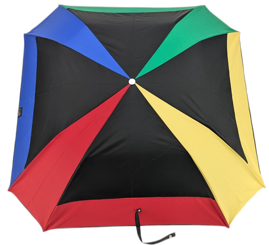 Parapluie pliant carré noir et multicolore poignée en chêne
