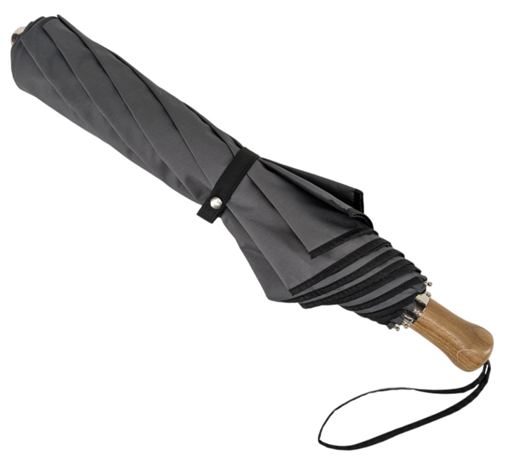 Parapluie pliant automatique grande taille gris anthracite biais noir poignée droite