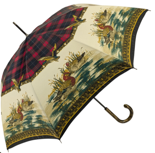Parapluie automatique satin imprimé foulard canard écossais rouge
