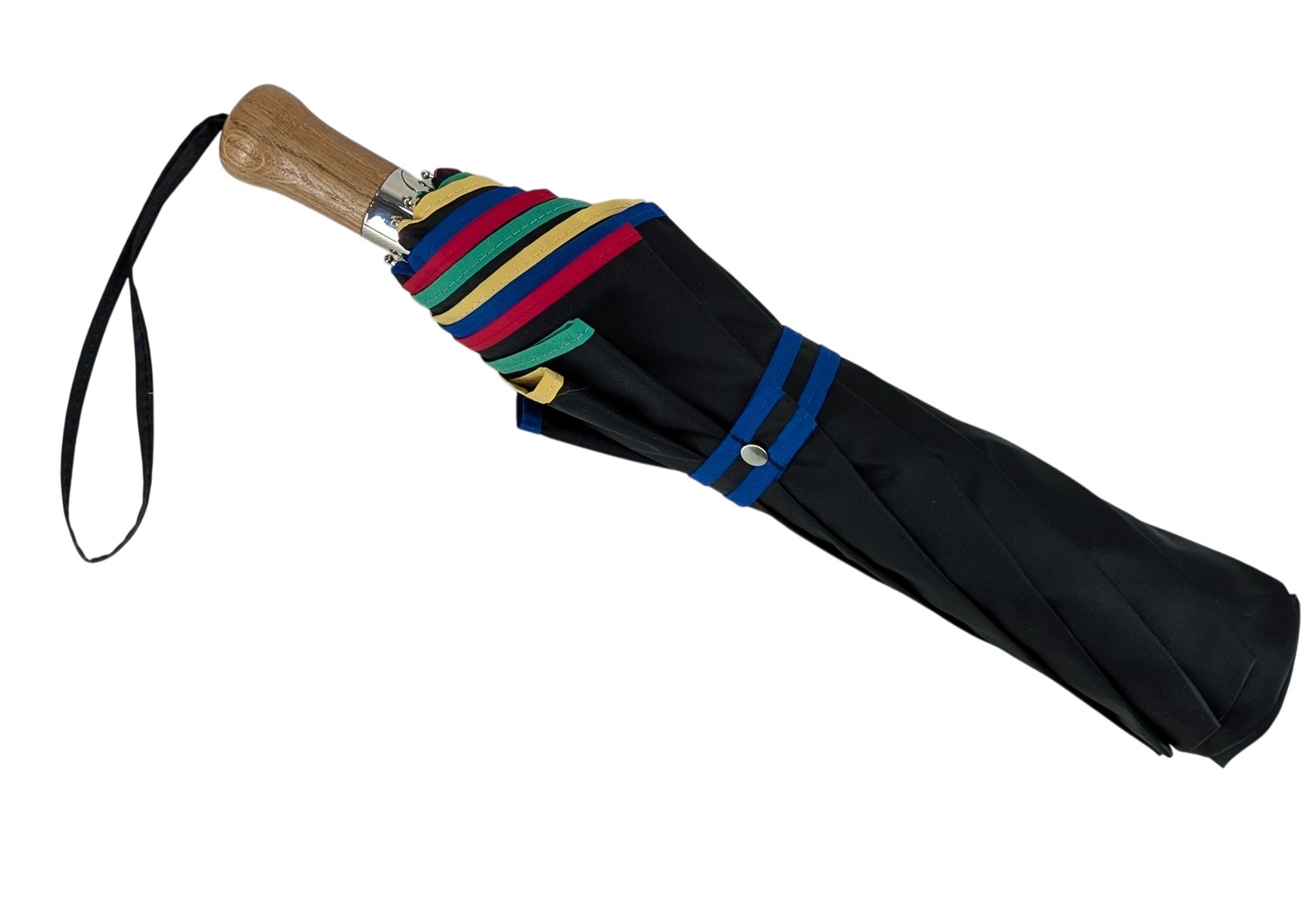 Parapluie pliant automatique noir biais multicolore taille moyenne poignée droite