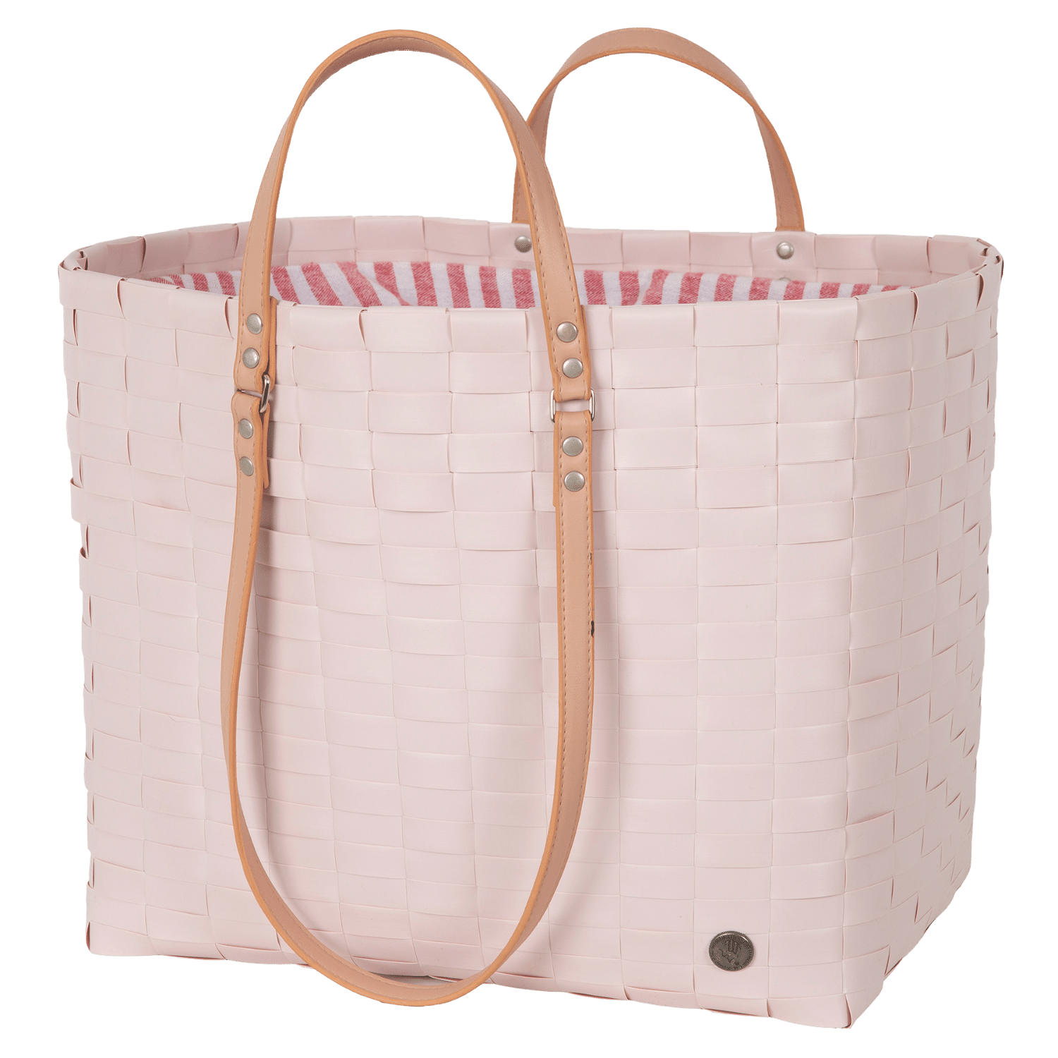 GO! shopper sac de plage courses sport refermable couleur rose pâle et tissu rayures blanc corail avec anse handed by