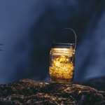 Sonnenglas lampe solaire led allumé avec déco fleurs sur rocher