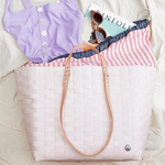 GO! shopper rose pale avec anses brun pour maillot de bain, lunettes de soleil, livre et serviette pour la plage