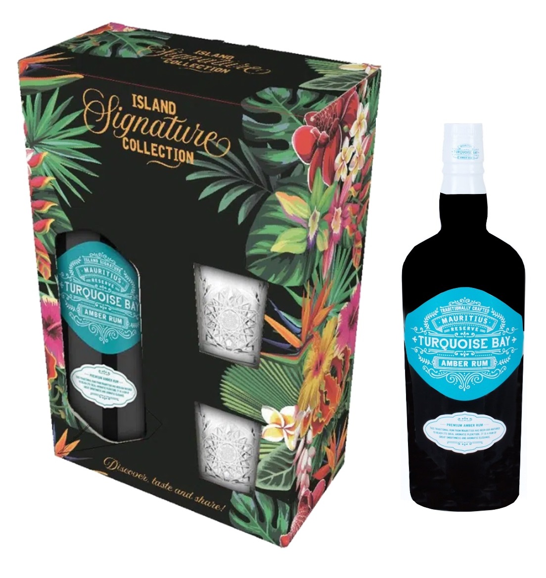 Coffret Rhum TURQUOISE BAY 40 % | 2 Verres de Dégustation | Rhum de l’Île Maurice