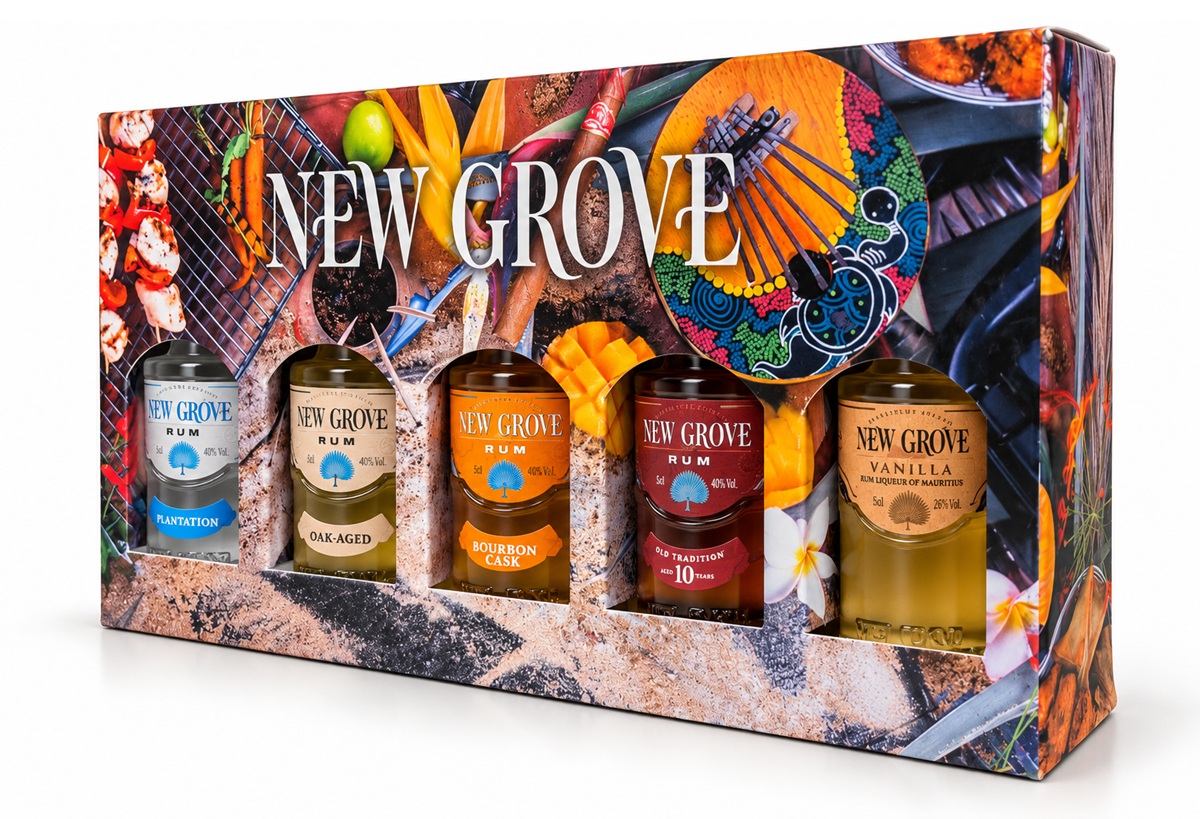Coffret dégustation New Grove 5 rhums de lîle Maurice en mignonnettes de 5 cl avec étui cadeau.
