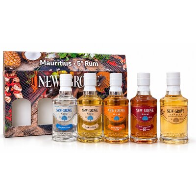 Coffret dégustation New Grove 5 rhums de l'île Maurice en mignonnettes de 5 cl avec étui cadeau.