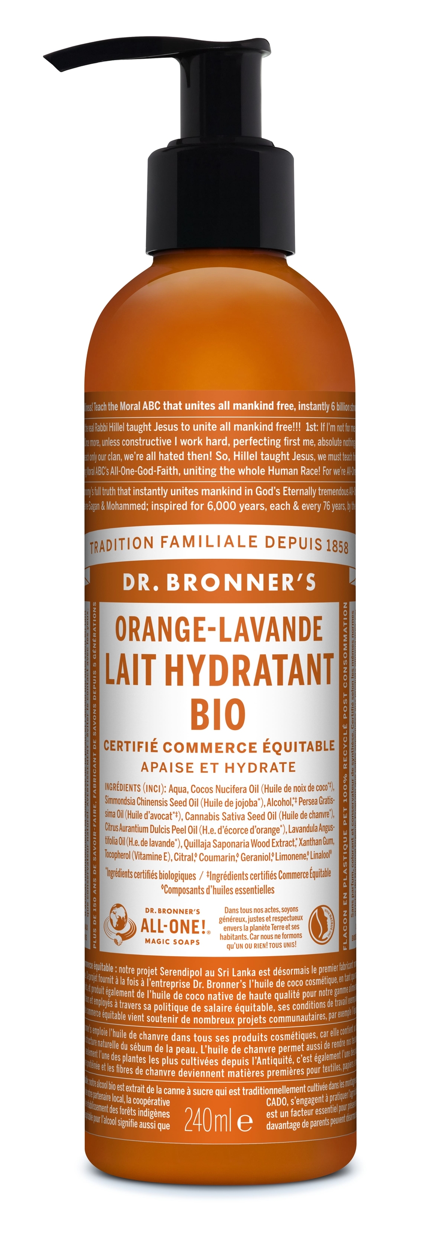lait hydratant vegan orange lavande 240ml dr bronner's veganame